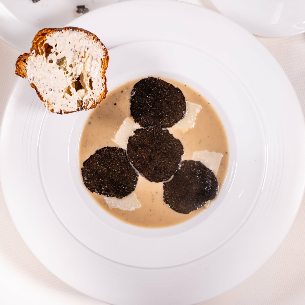 Artichoke soup with black truffle; layered truffled mushroom brioche and more...