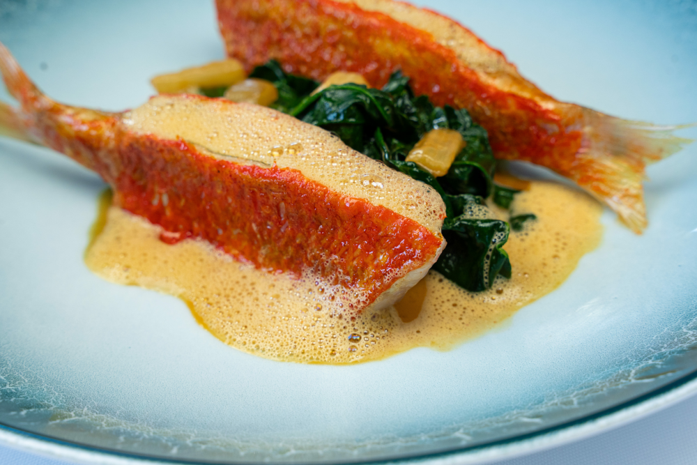 Red mullet ‘swimming in the sea’, chard, red mullet liver jus